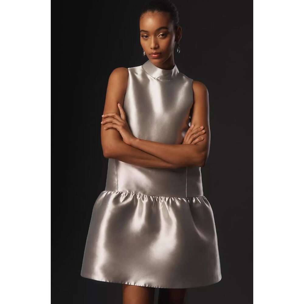 NWT Anthropologie ALIGNE Blaze High-Neck Drop-Waist Satin Mini Dress 12 Silver
